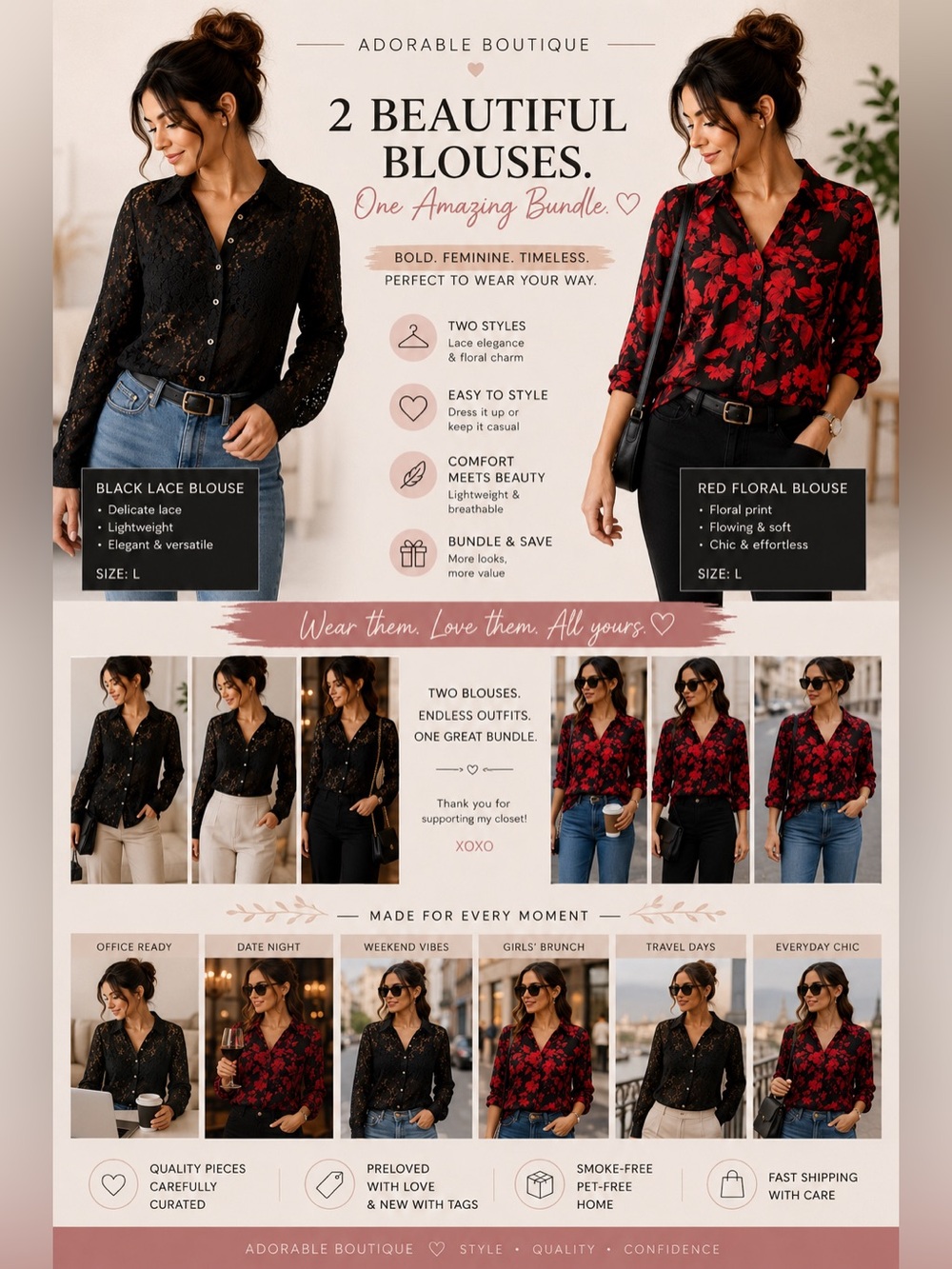 Women's Red Floral Button-Up Blouse | Lace Black Blouse (Bundle)